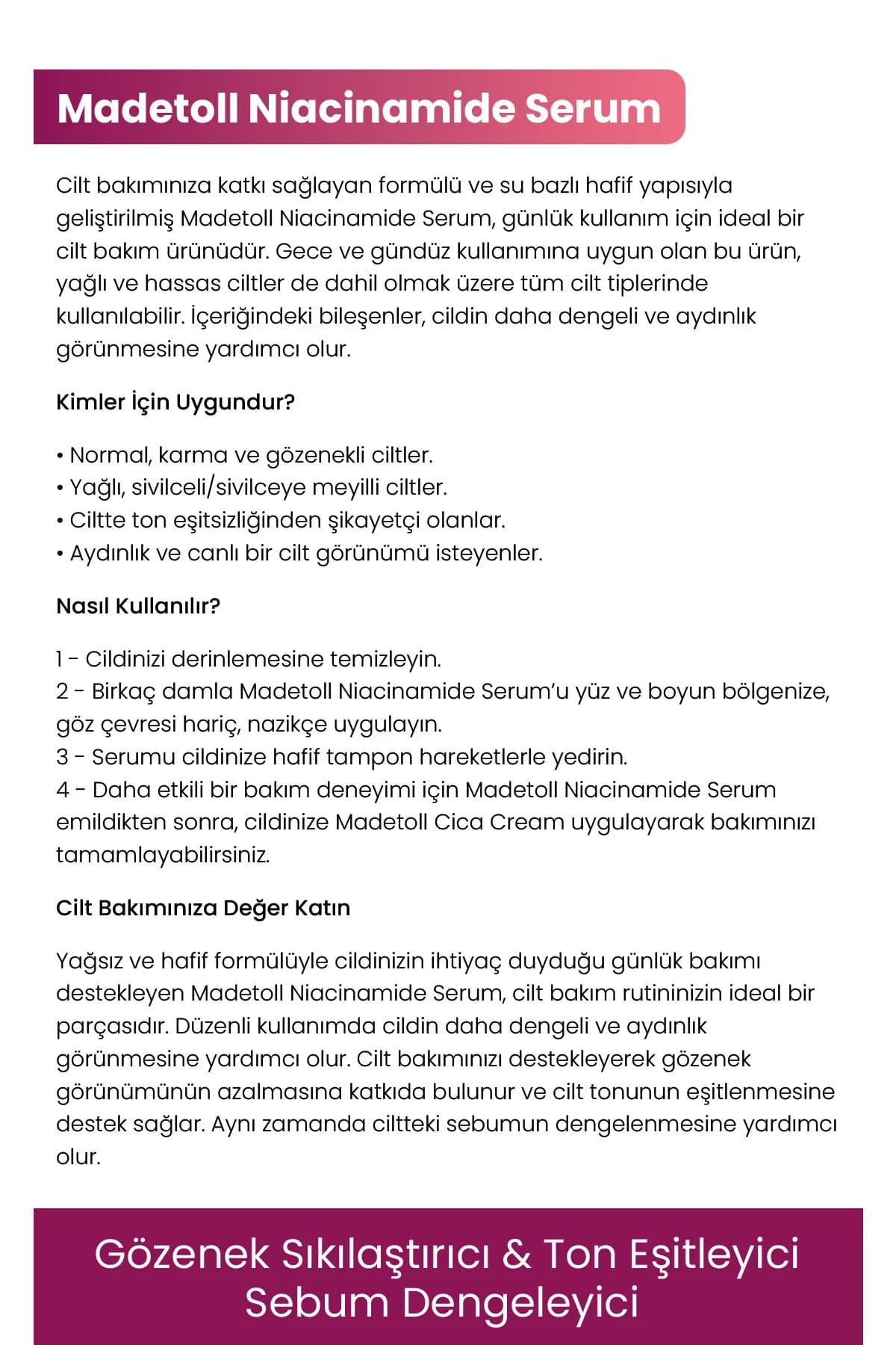 Niacinamide Serum 30 ml Gözenek Sıkılaştırıcı, Sebum Dengeleyici B3 vitamini+Allantoin - Görsel 2