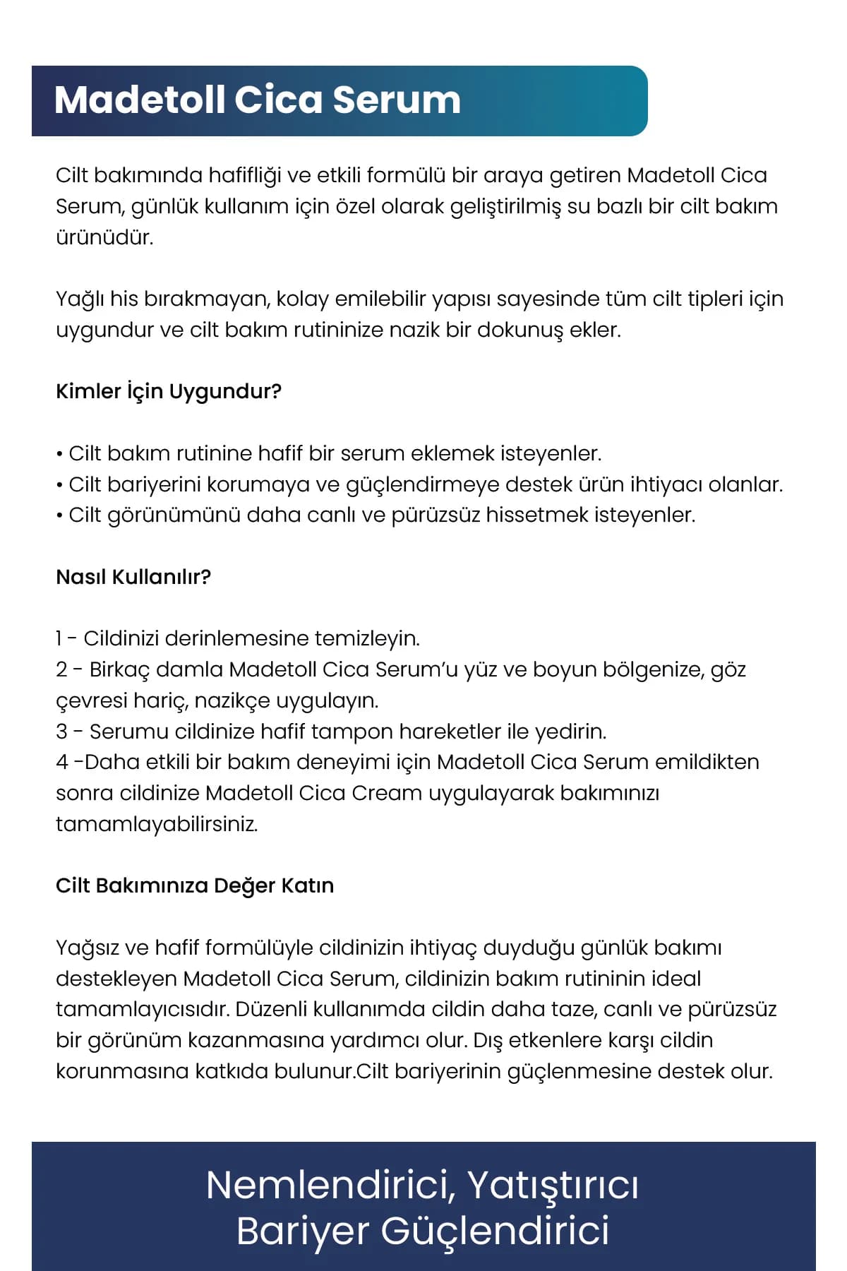 Cica Serum 30 ml Cilt Yenileyici, Bariyer Güçlendirici ve Yatıştırıcı Centella Asiatica+Panthenol - Görsel 2